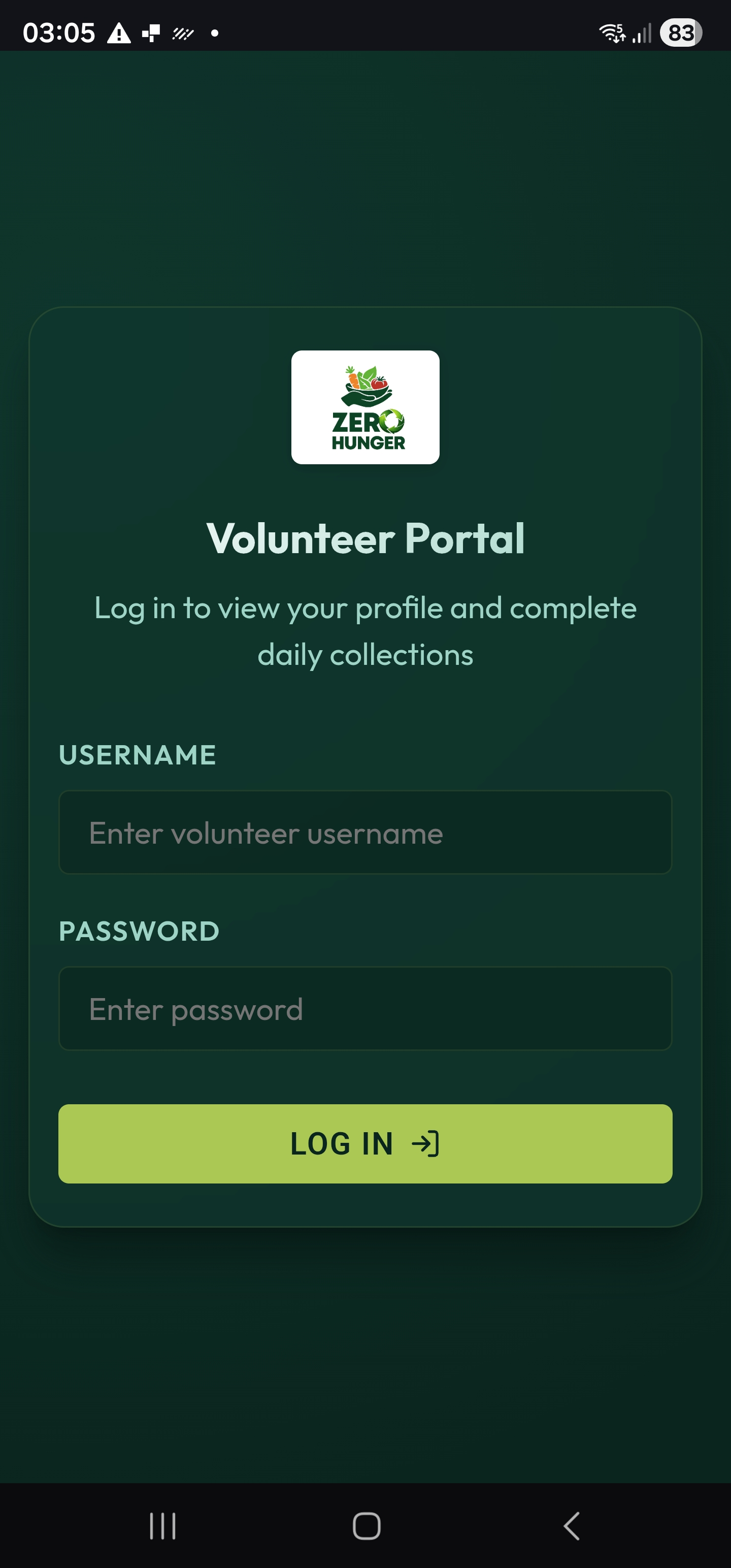 Volunteer App Login Screen View